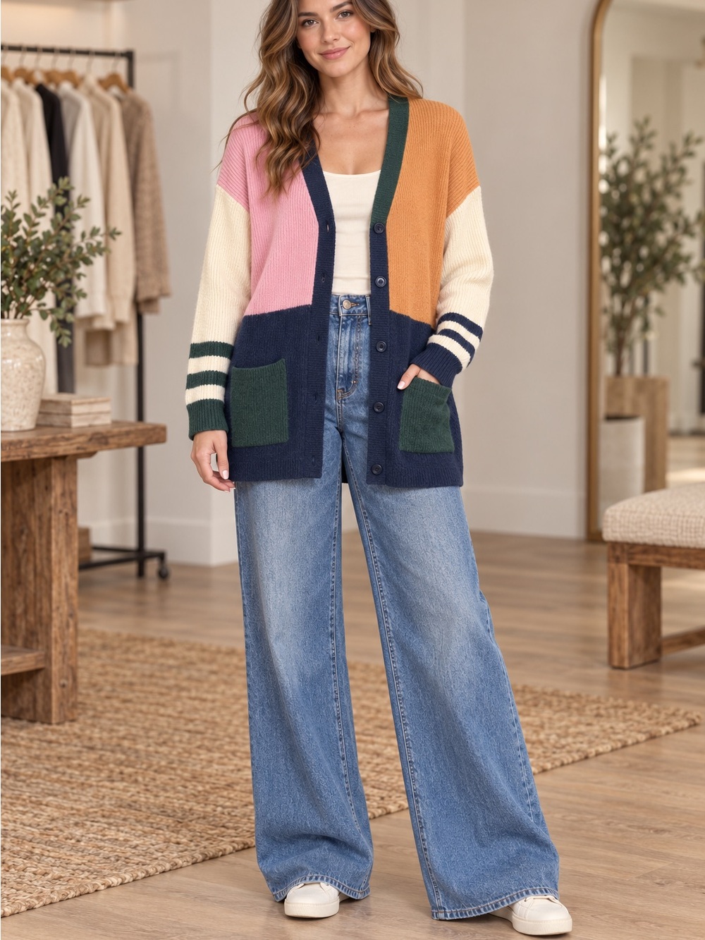 Colorblock Button-Front Cardigan Sweater (090890) 🌼 ☀️
